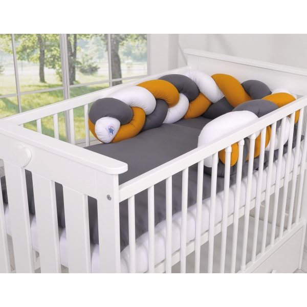 Geflochtene Bettumrandung Bettschlange für Babybett - weiß-honiggelb-anthrazit