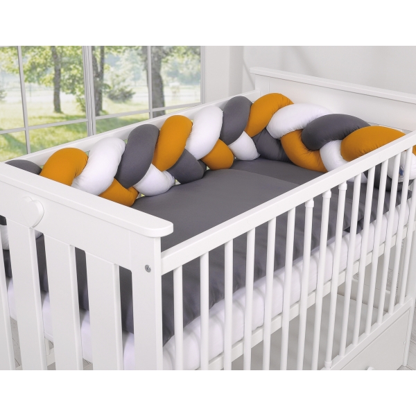 Geflochtene Bettumrandung Bettschlange für Babybett - weiß-honiggelb-anthrazit