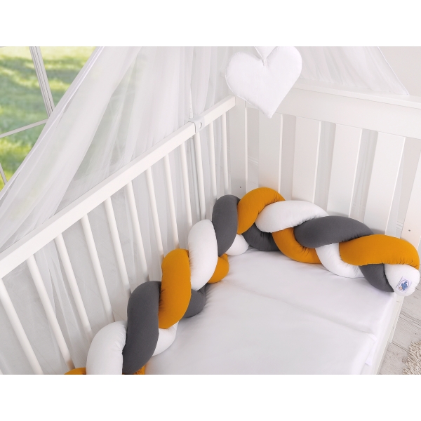 Geflochtene Bettumrandung Bettschlange für Babybett - weiß-honiggelb-anthrazit