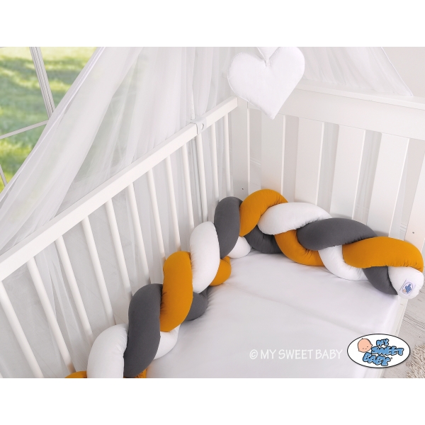 Geflochtene Bettumrandung Bettschlange für Babybett - weiß-honiggelb-anthrazit