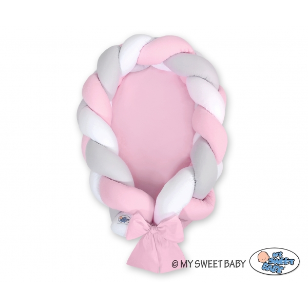 Babynest Geflochten 2 in 1 Bettumrandung - weiß-grau-rosa