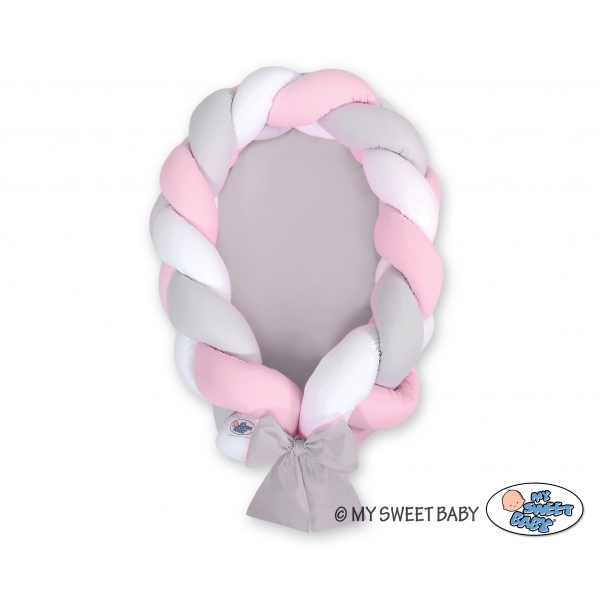 Geflochtenes Babynestchen 2 in 1 Bettumrandung - weiß-grau-rosa