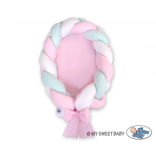 Geflochtenes Babynest 2 in 1 Bettumrandung - weiß-rosa-minze