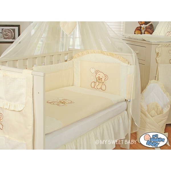 Gitterbett Bettwäsche Set 11-tlg mit Mositonetz - Bär mit Schleife creme