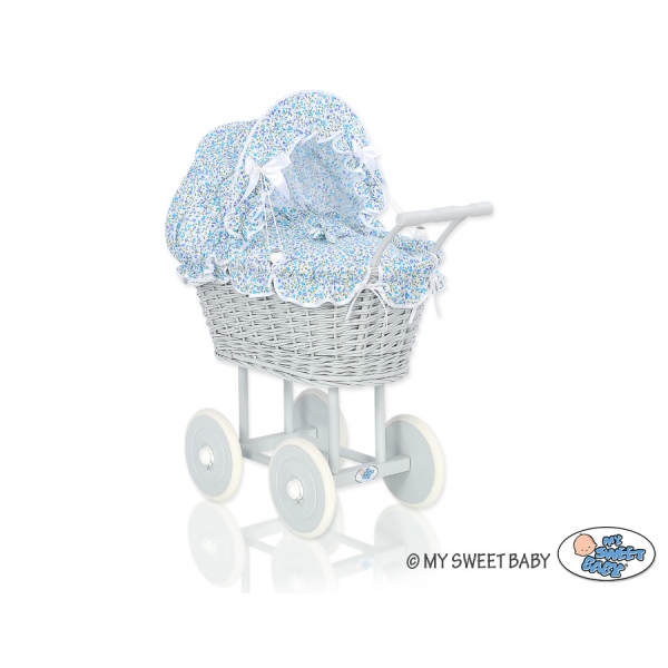 Grau Puppenwagen Bettwäsche blaue Blümchen nr 61699-532