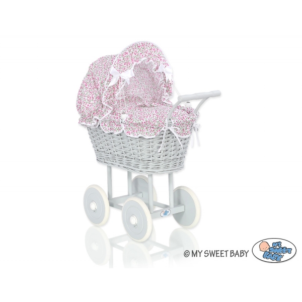 Grau Puppenwagen Bettwäsche rosa Blümchen nr 61699-533