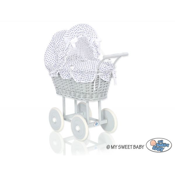 Grau Puppenwagen Bettwäsche Weiß mit Marineblau Punktemuster nr 61699-727
