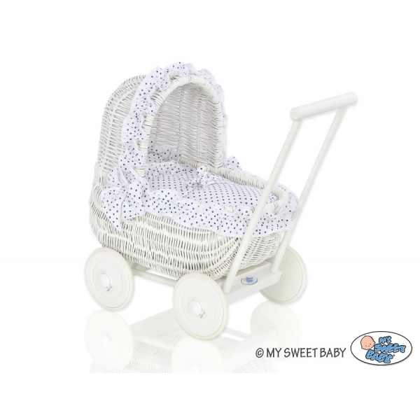Handgeflochten Puppenwagen Weiß Bettwäsche Weiß Marineblau-Punktemuster nr 71701-727