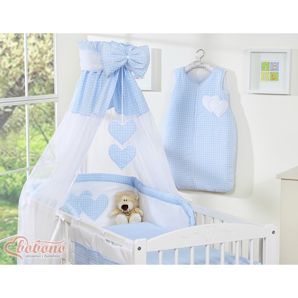 Himmel für Babybett aus Chiffon - Hängende Herzen blau kariert