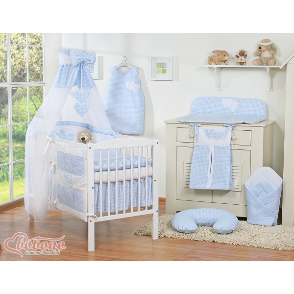 Himmel für Babybett aus Chiffon - Hängende Herzen blau kariert
