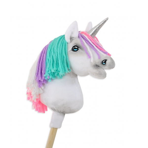 Hobby Horse Einhorn Steckenpferd mit bunter Mähne - weiß A4 minze