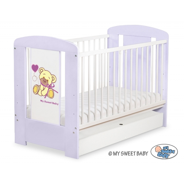 Kinderbett 120x60cm Bär mit Schleife lila mit Schublade STANDARD