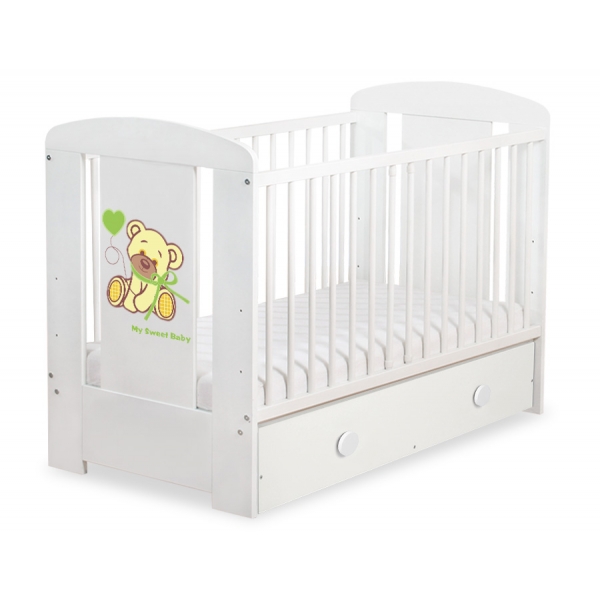 Babybett mit Schublade  MAXI Weiß 120x60cm Bär mit Schleife Grün