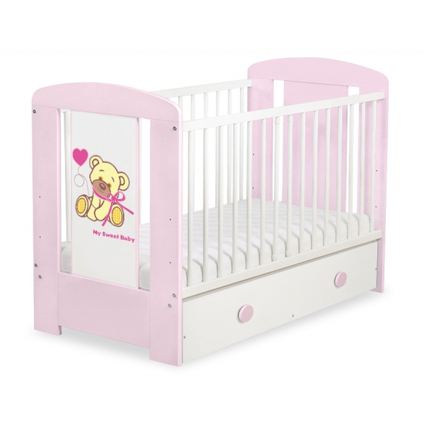 Rosa Babybett 120x60cm Bär mit Schleife rosa mit Schublade MAXI