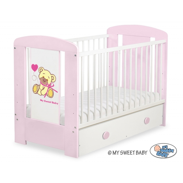 Rosa Babybett 120x60cm Bär mit Schleife rosa mit Schublade MAXI