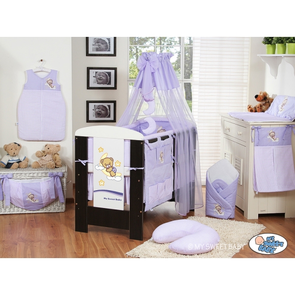 Kinderbett Bettwäsche Set 7-tlg mit Betthimmel (L60) - Gute Nacht lila