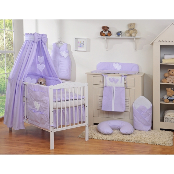 Kinderbett 140x70 Bettwäsche Set 7-tlg mit Himmel für Babybett - Hängende Herzen lila