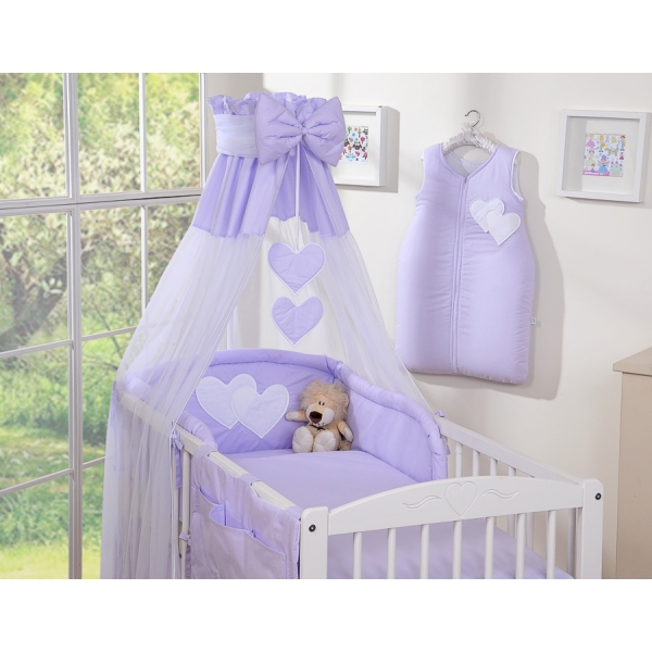 Kinderbett 140x70 Bettwäsche Set 7-tlg mit Himmel für Babybett - Hängende Herzen lila
