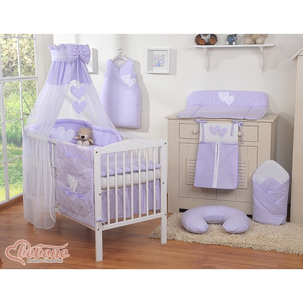 Kinderbett 140x70 Bettwäsche Set 7-tlg mit Himmel für Babybett - Hängende Herzen lila