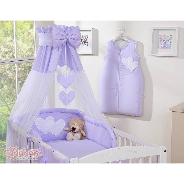 Kinderbett 140x70 Bettwäsche Set 7-tlg mit Himmel für Babybett - Hängende Herzen lila