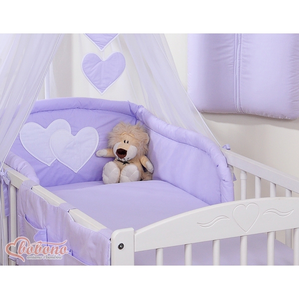 Kinderbett 140x70 Bettwäsche Set 7-tlg mit Himmel für Babybett - Hängende Herzen lila