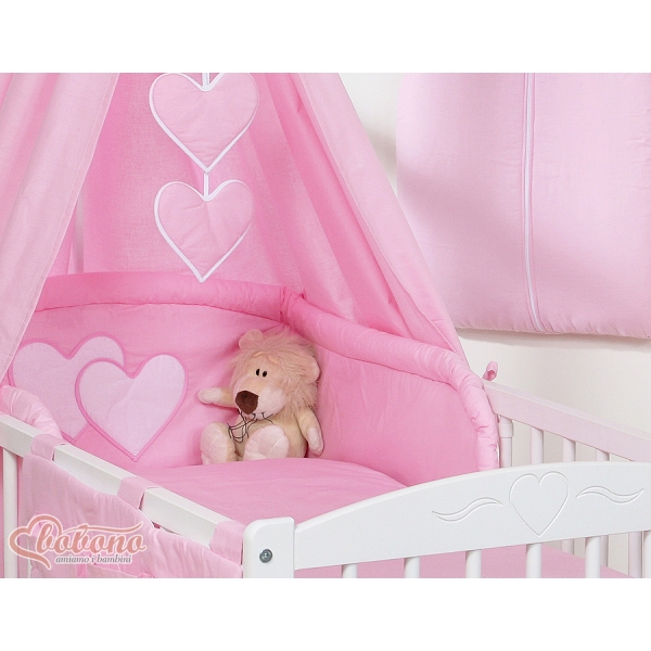 Kinderbett 140x70 Bettwäsche Set 7-tlg mit Himmel für Babybett - Hängende Herzen rosa