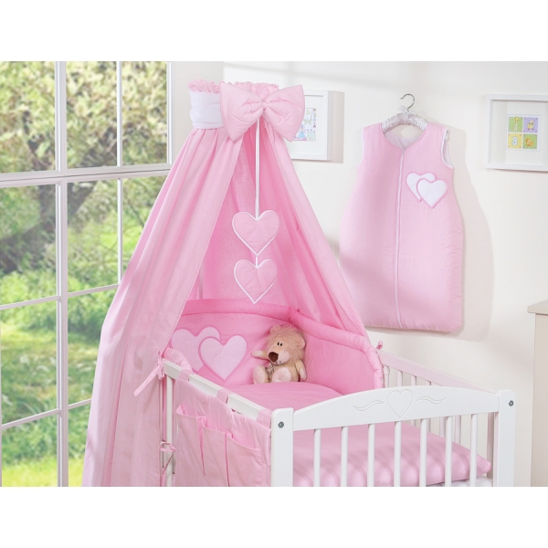 Kinderbett 140x70 Bettwäsche Set 7-tlg mit Himmel für Babybett - Hängende Herzen rosa