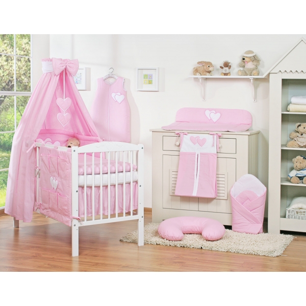 Kinderbett 140x70 Bettwäsche Set 7-tlg mit Himmel für Babybett - Hängende Herzen rosa