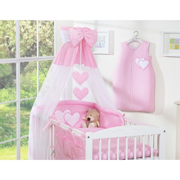 Kinderbett 140x70 Bettwäsche Set 7-tlg mit Himmel für Babybett - Hängende Herzen rosa
