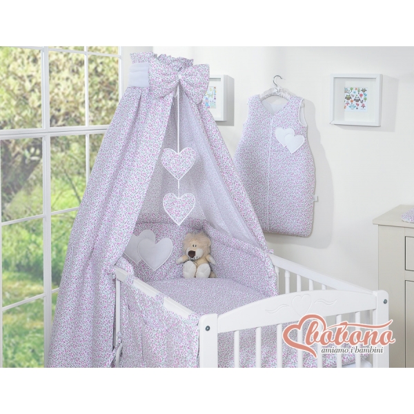 Kinderbett Bettwäsche Set 7-tlg mit Himmel für Babybett - Hängende Herzen rosa Blümchen