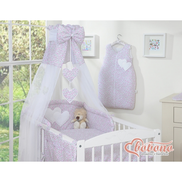 Kinderbett Bettwäsche Set 7-tlg mit Himmel für Babybett - Hängende Herzen rosa Blümchen