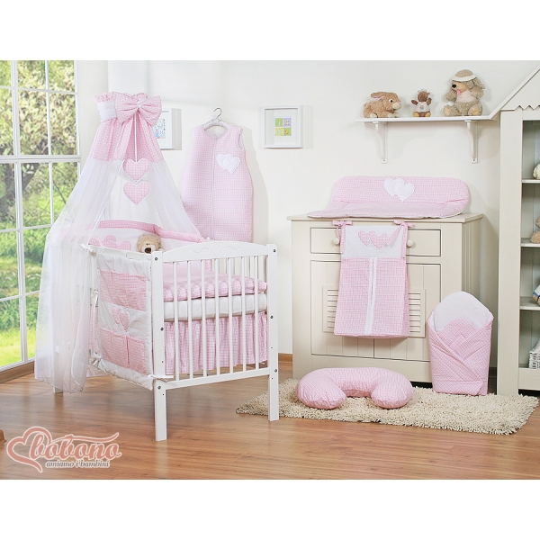 Kinderbett Bettwäsche Set 7-tlg mit Himmel für Babybett - Hängende Herzen rosa kariert