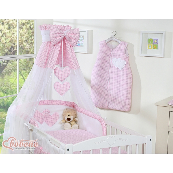 Kinderbett Bettwäsche Set 7-tlg mit Himmel für Babybett - Hängende Herzen rosa kariert