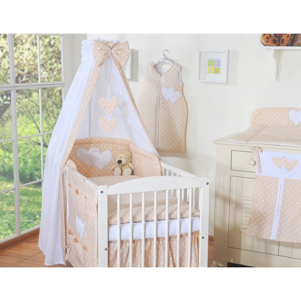 Kinderbett Bettwäsche Set 7-tlg mit Himmel - Hängende Herzen Beige-Punktemuster