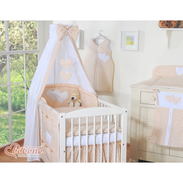 Kinderbett Bettwäsche Set 7-tlg mit Himmel - Hängende Herzen Beige-Punktemuster