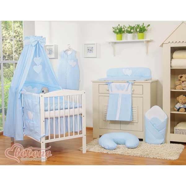 Baby Bettwäsche 100x135 cm Set 7-tlg mit Himmel - Hängende Herzen blau gestreift