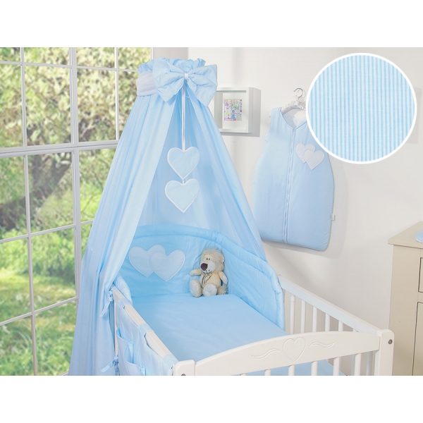 Baby Bettwäsche 100x135 cm Set 7-tlg mit Himmel - Hängende Herzen blau gestreift