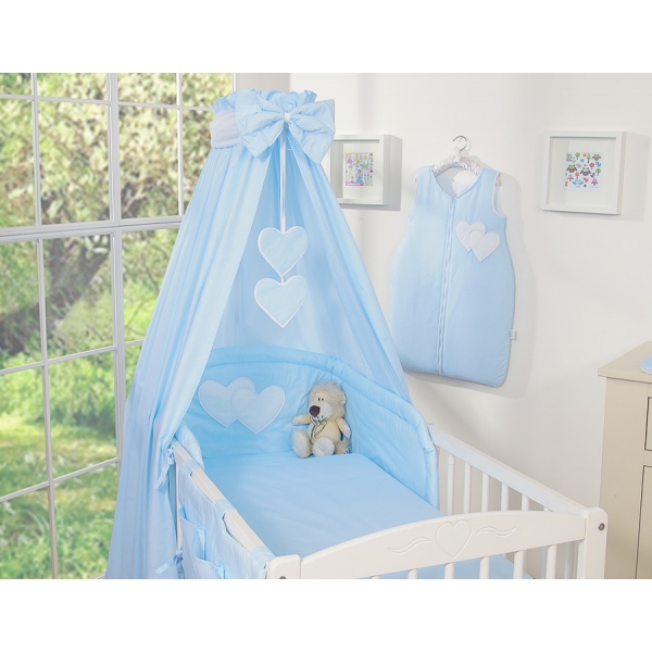 Baby Bettwäsche 100x135 cm Set 7-tlg mit Himmel - Hängende Herzen blau gestreift