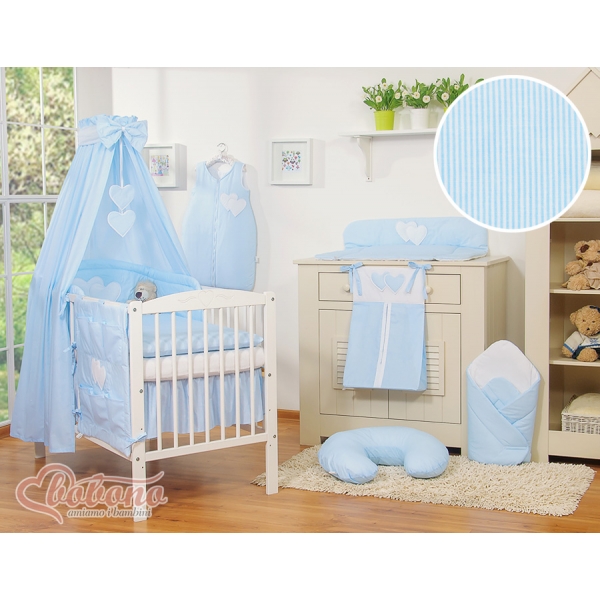Baby Bettwäsche 100x135 cm Set 7-tlg mit Himmel - Hängende Herzen blau gestreift