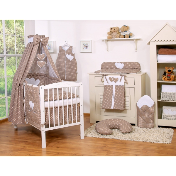 Kinderbett 100x135 cm Bettwäsche Set 7-tlg mit Himmel - Hängende Herzen Braun-Muster