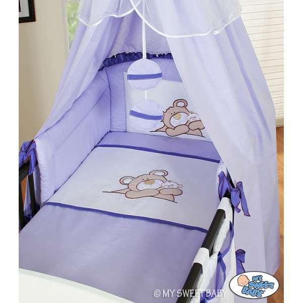 Kinderbett Bettwäsche Set 7-tlg mit Himmel (S60) - Teddy Bär Barnaba lila