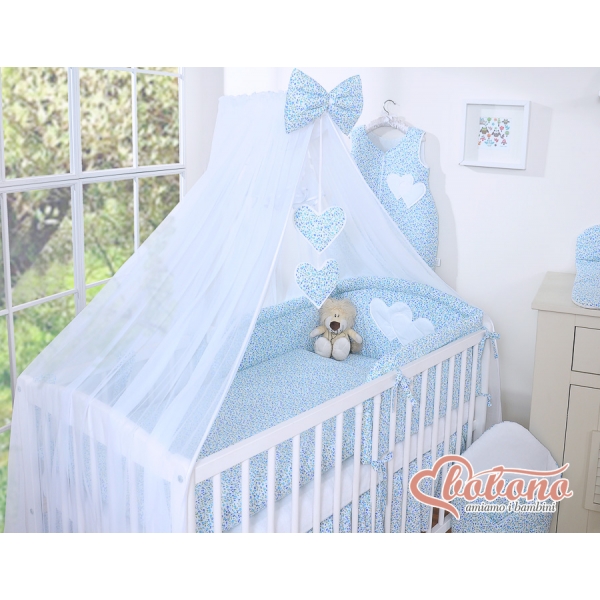 Kinderbett Bettwäsche Set 7-tlg mit Moskitonetz für Babybett - Hängende Herzen blaue Blümchen