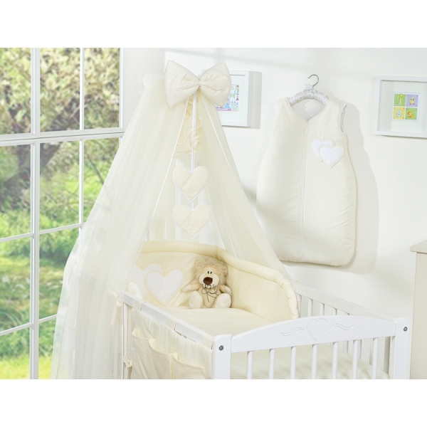 Kinderbett Bettwäsche Set 7-tlg mit Moskitonetz für Babybett - Hängende Herzen creme