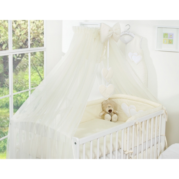Kinderbett Bettwäsche Set 7-tlg mit Moskitonetz für Babybett - Hängende Herzen creme