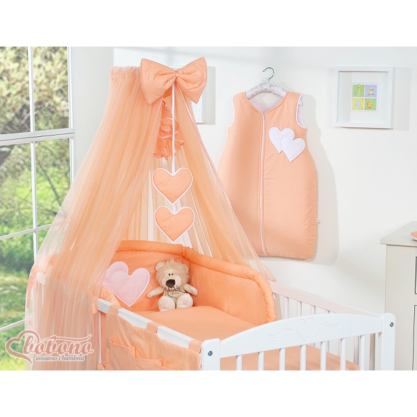 Kinderbett Bettwäsche Set 7-tlg mit Moskitonetz für Babybett - Hängende Herzen pfirsich