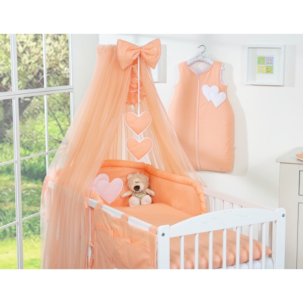 Kinderbett Bettwäsche Set 7-tlg mit Moskitonetz für Babybett - Hängende Herzen pfirsich