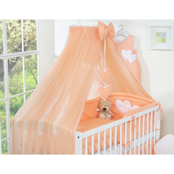 Kinderbett Bettwäsche Set 7-tlg mit Moskitonetz für Babybett - Hängende Herzen pfirsich