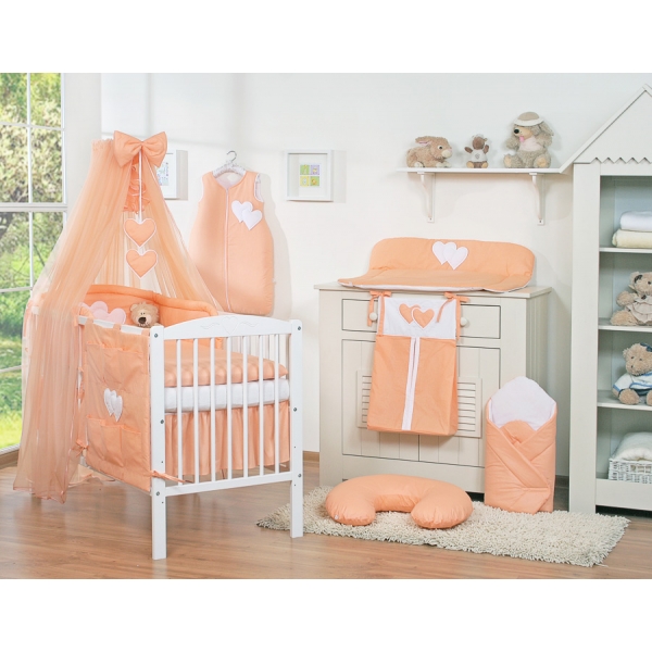 Kinderbett Bettwäsche Set 7-tlg mit Moskitonetz für Babybett - Hängende Herzen pfirsich