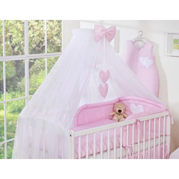 Kinderbett Bettwäsche Set 7-tlg mit Moskitonetz für Babybett - Hängende Herzen Rosa-Punktemuster