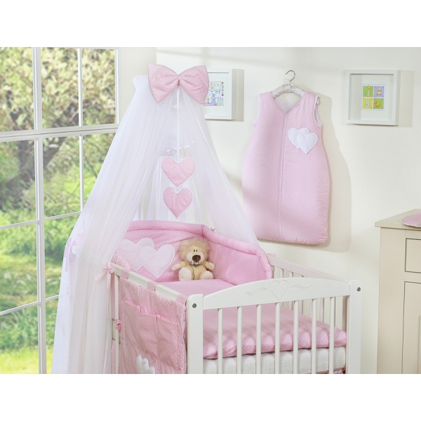 Kinderbett Bettwäsche Set 7-tlg mit Moskitonetz für Babybett - Hängende Herzen Rosa-Punktemuster